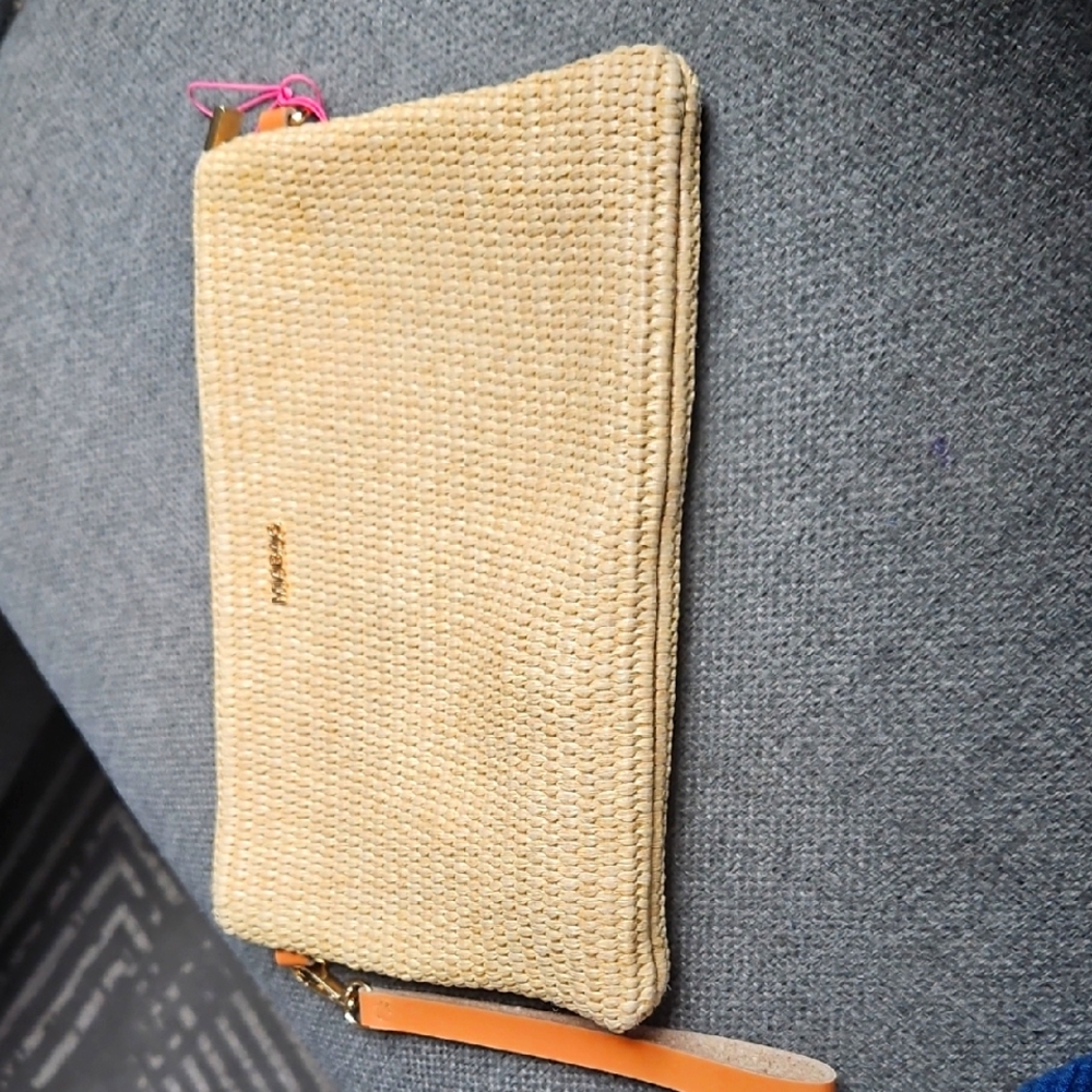 Beige Woven Clutch with Tan Strap
